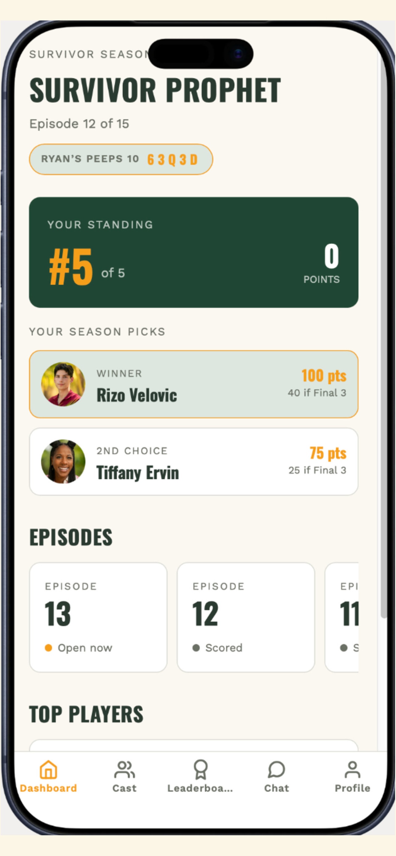 Game dashboard showing standings and episode picks