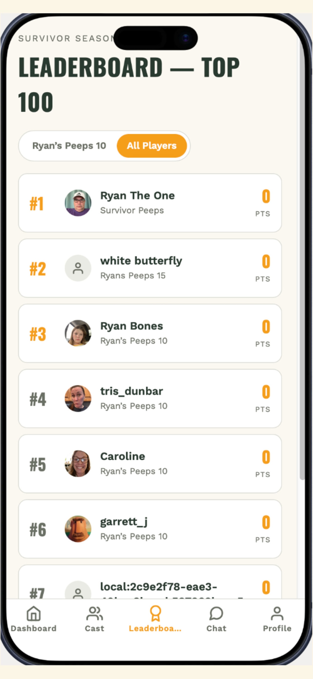 Global leaderboard showing top 100 players